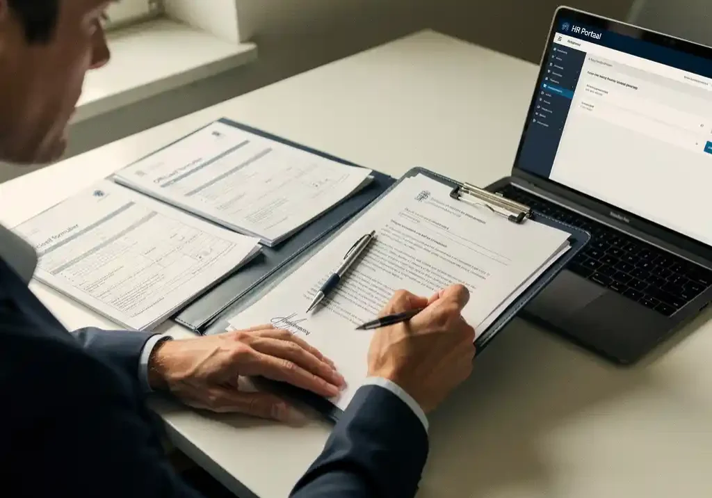 HR-professional ordent officiële Nederlandse overheidsdocumenten op modern bureau naast laptop, pen op ondertekend formulier.