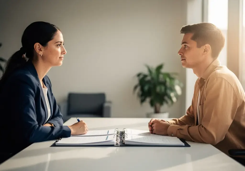 HR-professional en medewerker bespreken documenten aan modern bureau in licht kantoor met navy en zandtinten.