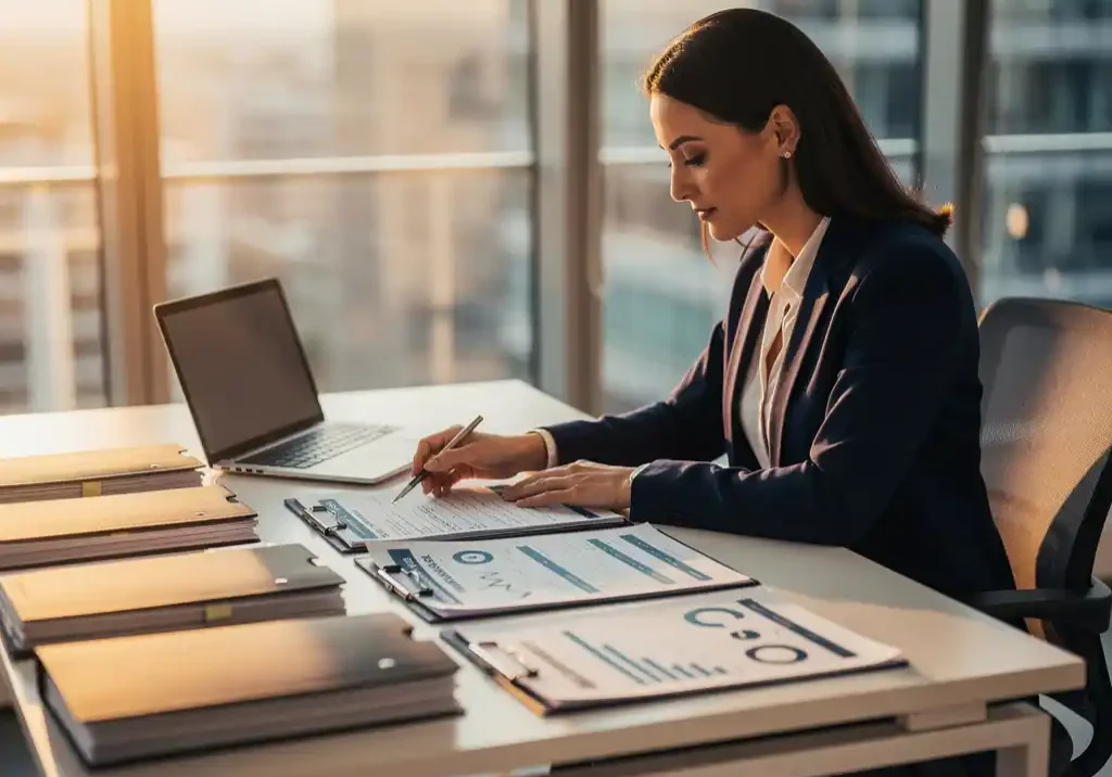 HR-professional bestudeert talentbeoordelingsrapport aan modern bureau met personeelsdossiers en laptop in warm kantoorlicht.
