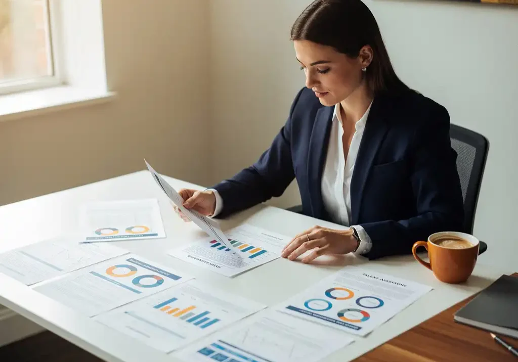 HR-professional bestudeert talentassessmentrapport aan modern bureau met persoonlijkheidsgrafieken en competentienotities in natuurlijk licht.