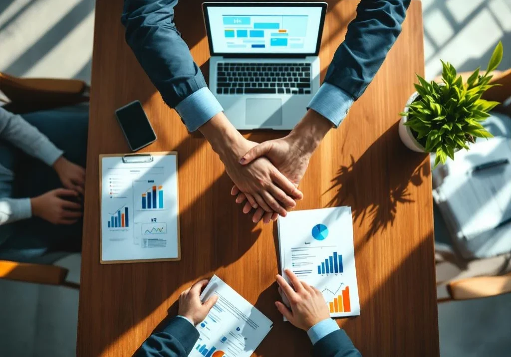 Zakelijke handdruk boven vergadertafel met HR-documenten, laptop met organigram en plant in modern kantoor