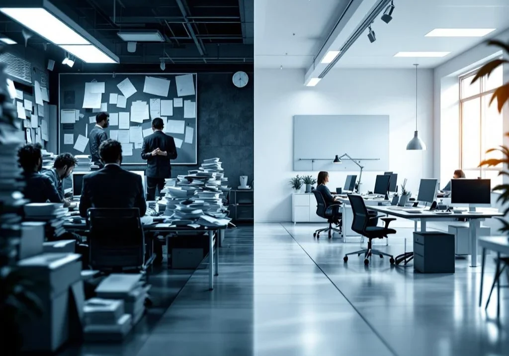 Gesplitst kantoorbeeld: rommelig HR-kantoor met paperassen links, georganiseerd re-integratiebureau met natuurlijk licht rechts.