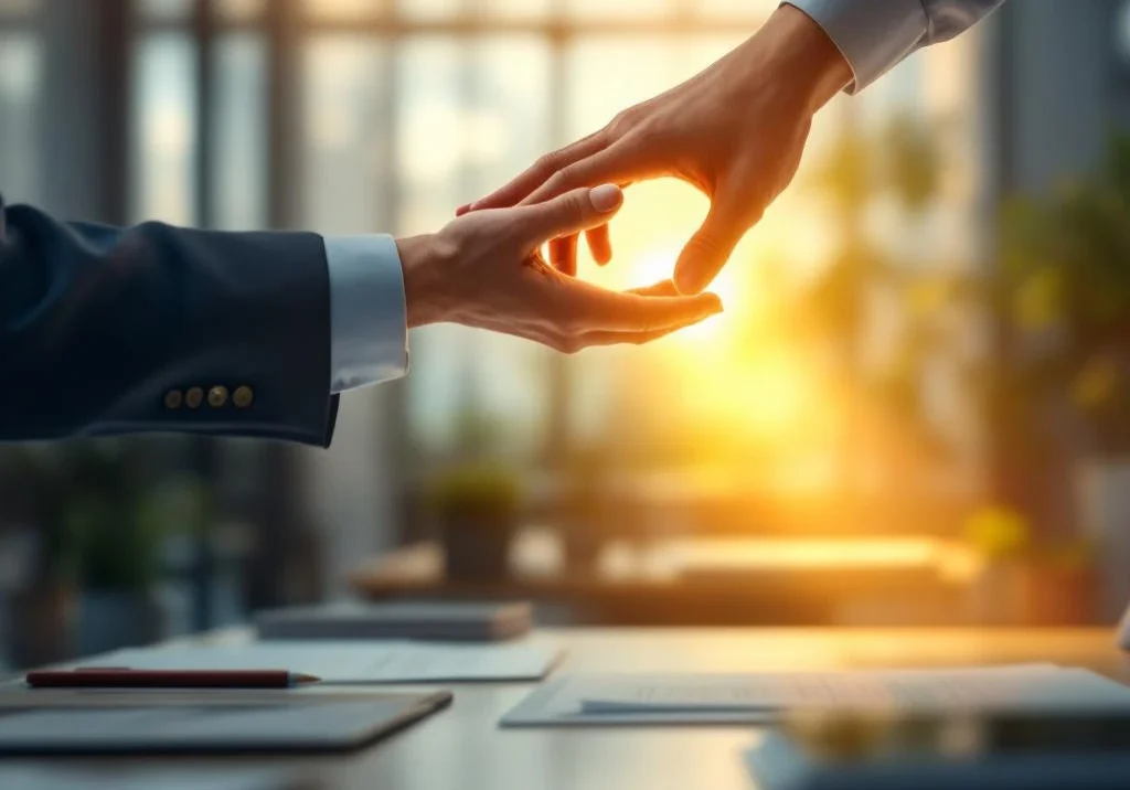 Professionele hand die een andere hand omhoog helpt op gouden pad, symboliseert ondersteuning en begeleiding op kantoor