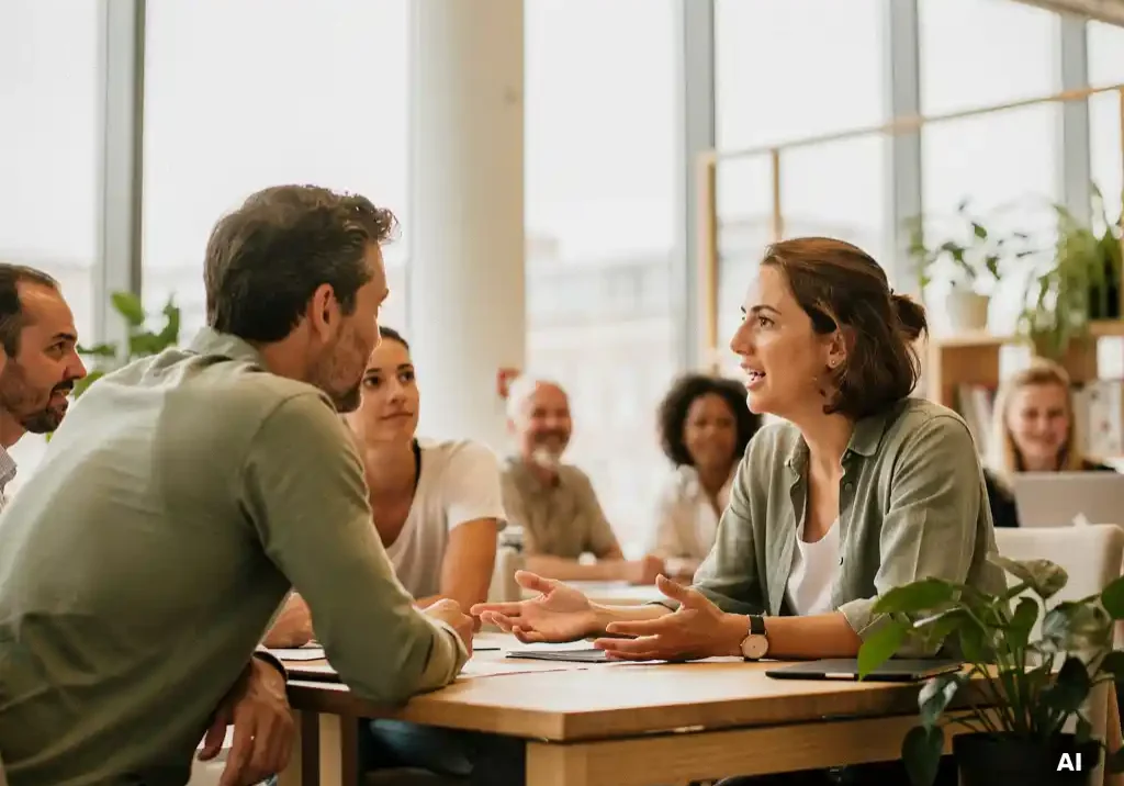 Diverse collega's in overleg rond een werkplek in een modern Nederlands kantoor met houten accenten en groene planten.
