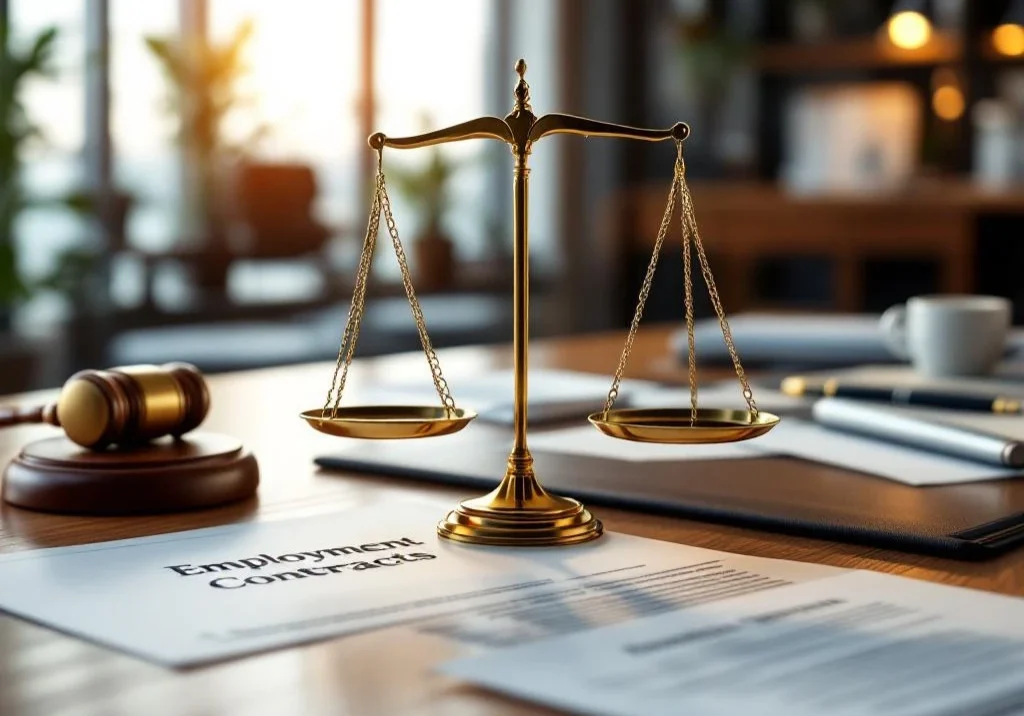 Gouden weegschaal van justitie op houten bureau met juridische documenten en hamer in professionele kantooromgeving