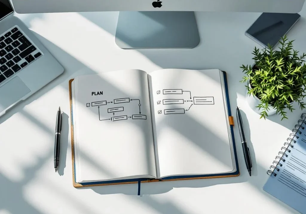 Bureau met open notitieboek met stroomdiagram en checklist, pen, plant en papierwerk op wit houten bureaublad