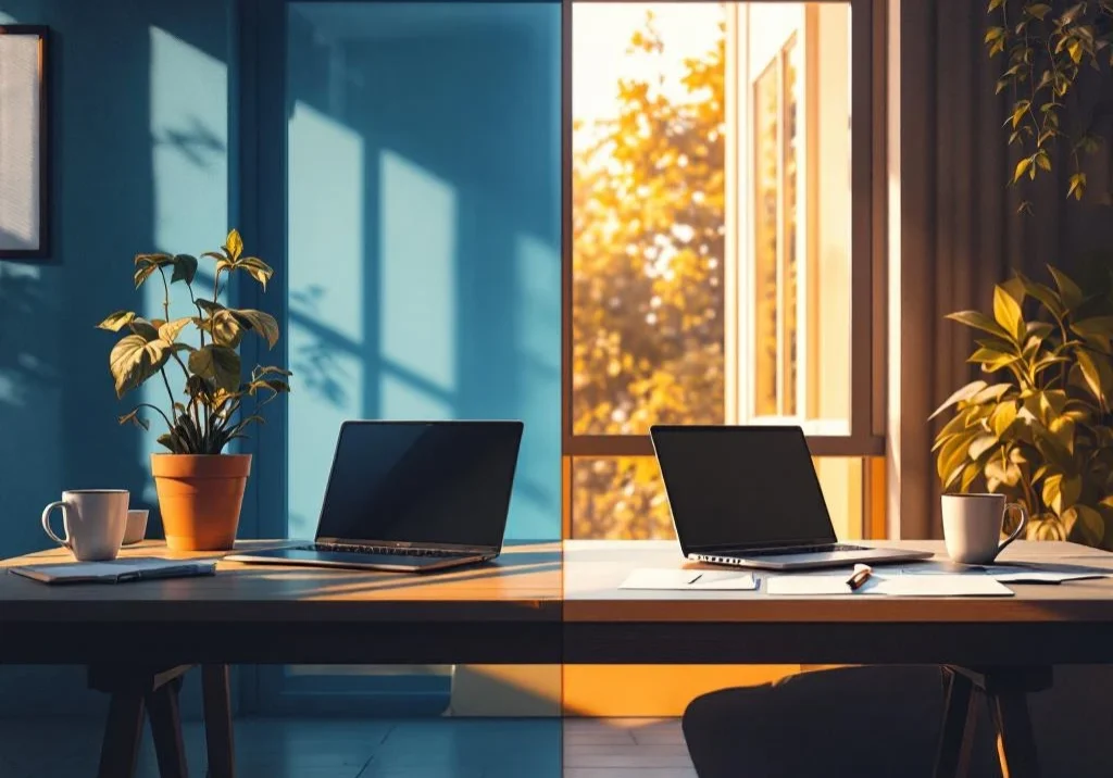 Gesplitst kantoorbeeld toont lege versus bezette werkplek met laptop, documenten en koffie bij raam met natuurlijk licht