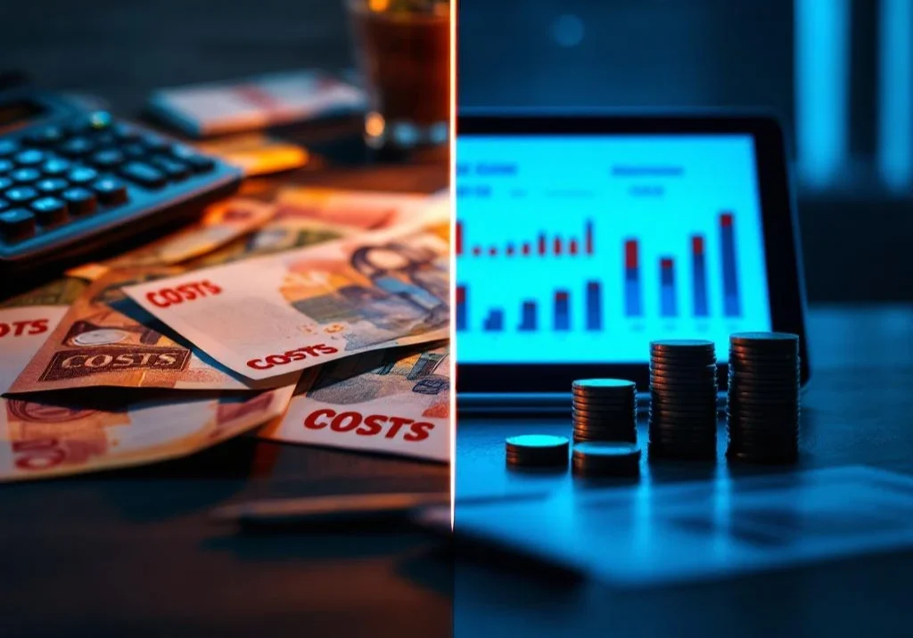 Gesplitst scherm toont MKB-financiële scenario's: links rekenmachine en euro's met rode 'KOSTEN' stempels, rechts georganiseerde grafieken en tablet