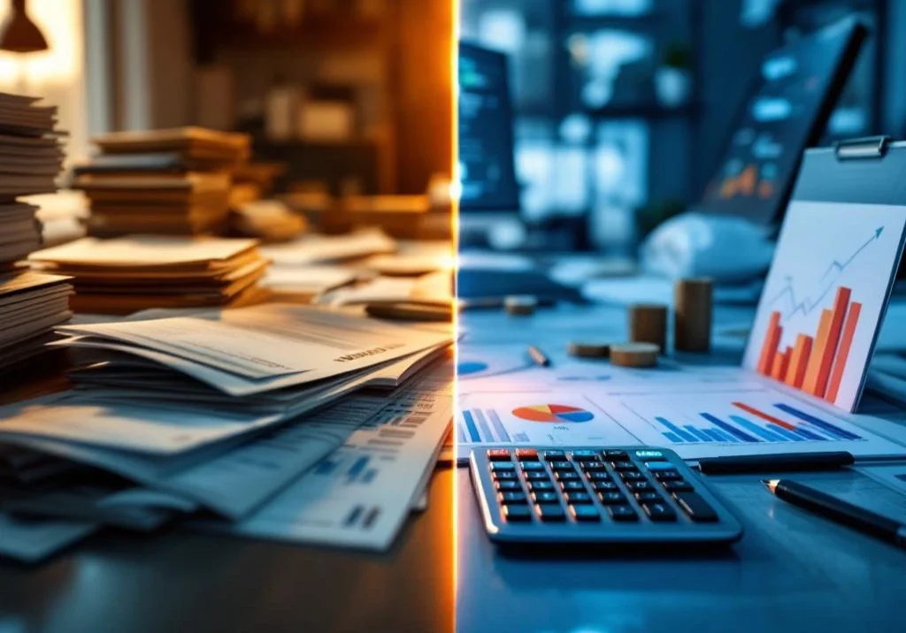 Vergelijking traditionele dure kantoorkosten versus moderne digitale werkplek met kostenbesparende tools en groeigrafiek