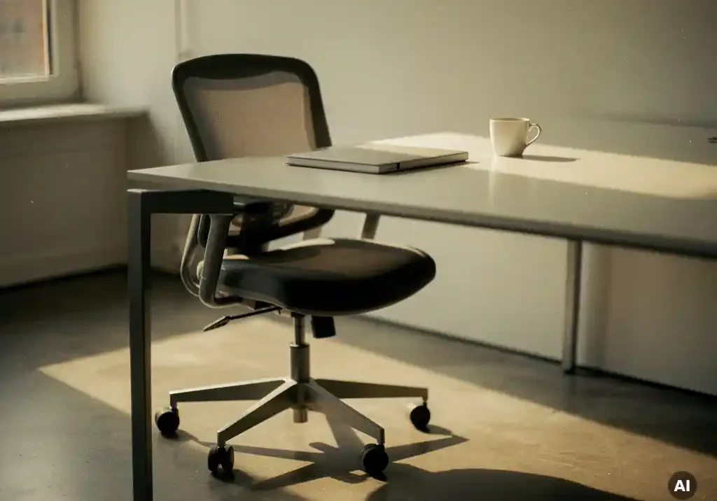 Verlaten bureaustoel in modern Nederlands kantoor met gesloten notitieboek en onaangeroerd koffiekopje in warm grijze tinten.