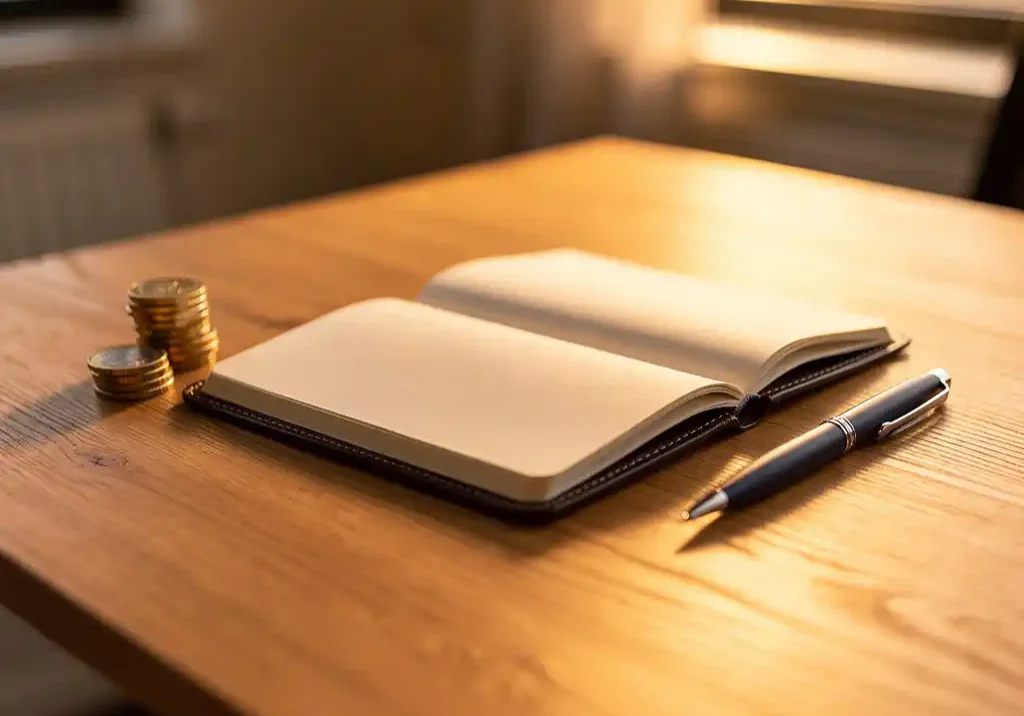 Opengeslagen leren agenda op eiken bureau met gestapelde euromunten en pen, warm goudkleurig licht, moderne kantooromgeving.