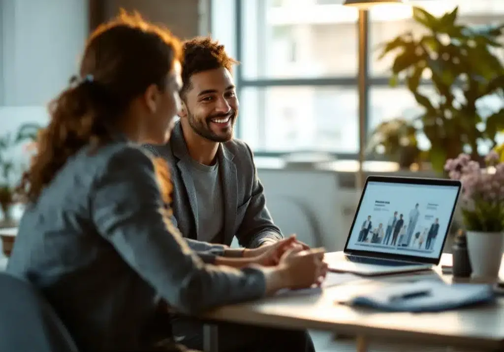 Carrièrecounselor in gesprek met cliënt aan bureau met reïntegratiedocumenten en laptop met vacatures