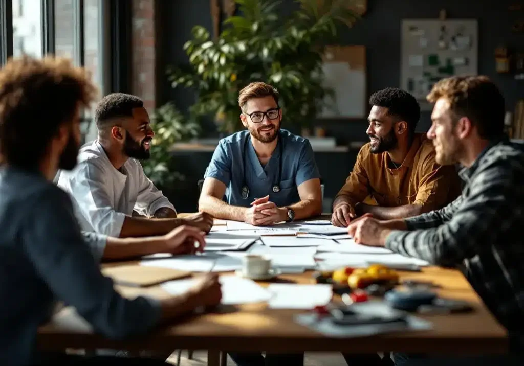 Diverse groep professionals in carrièrebegeleiding sessie rond moderne vergadertafel met adviseur en documenten