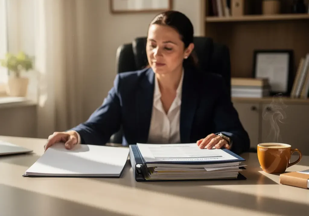 Loopbaancoach vergelijkt twee beoordelingsmappen op modern bureau met koffie, in professionele HR-omgeving met natuurlijk licht.