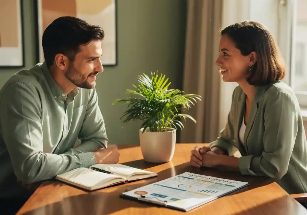 Loopbaancoach en cliënt aan houten tafel met notitieboek en carrière-routekaart, potplant symboliseert groei, zacht natuurlijk licht.