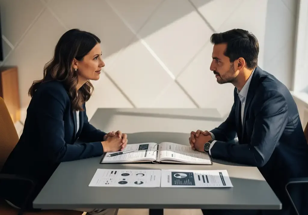 Loopbaancoach en kandidaat in gesprek aan modern bureau met talentprofiel en beoordelingsdocumenten, warme kantooratmosfeer.