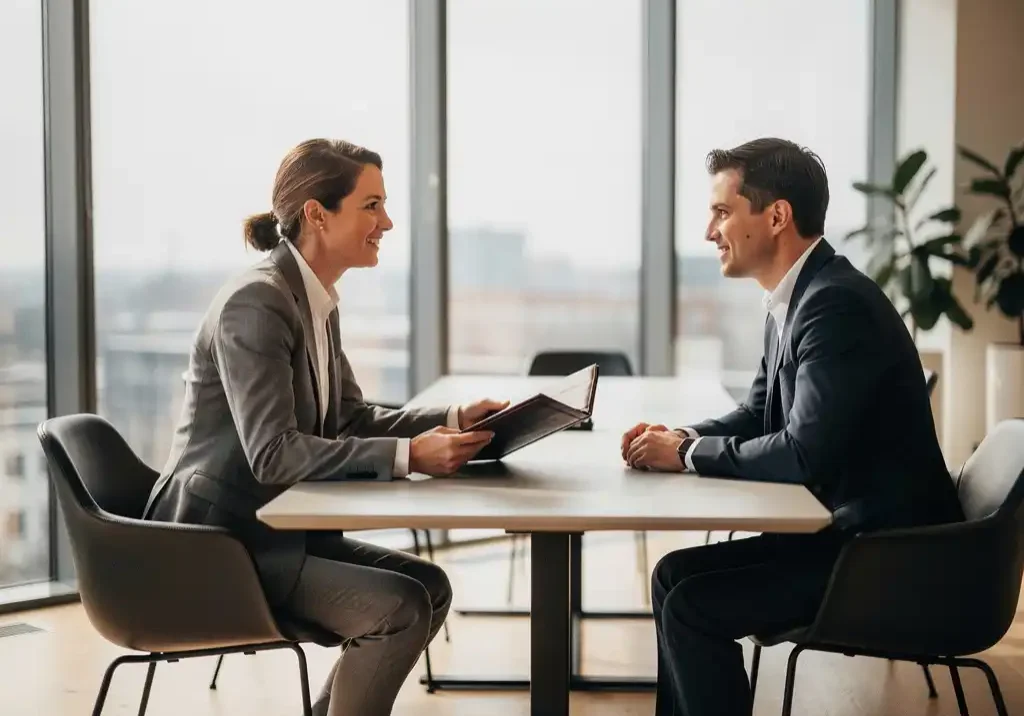 Gecertificeerde loopbaancoach in gesprek met kandidaat aan modern kantaartafel, coach houdt leren portfolio vast, warm natuurlijk licht.