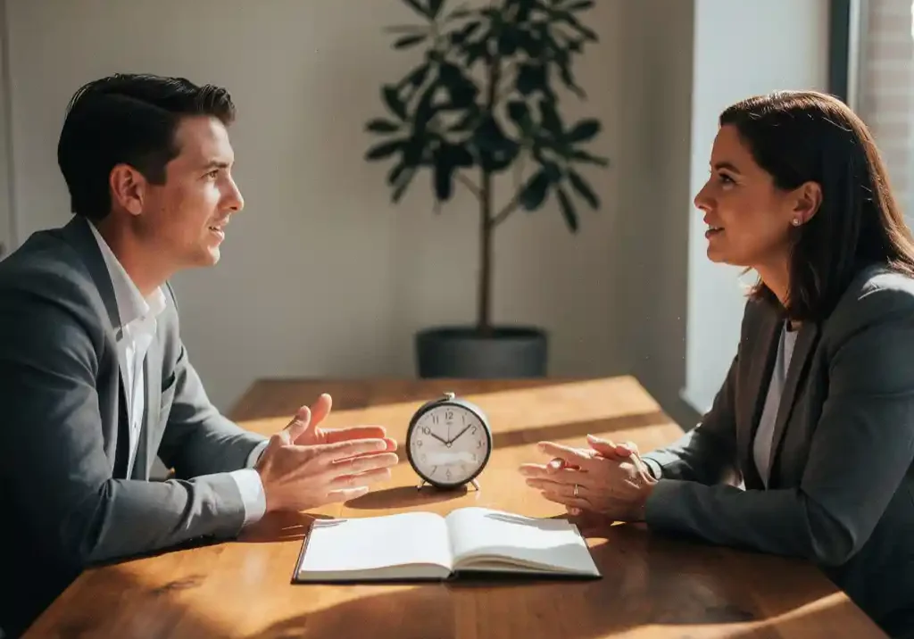 Loopbaancoach en cliënt in gesprek aan houten tafel met open notitieboek en analoge klok, natuurlijk licht, modern kantoorinterieur.
