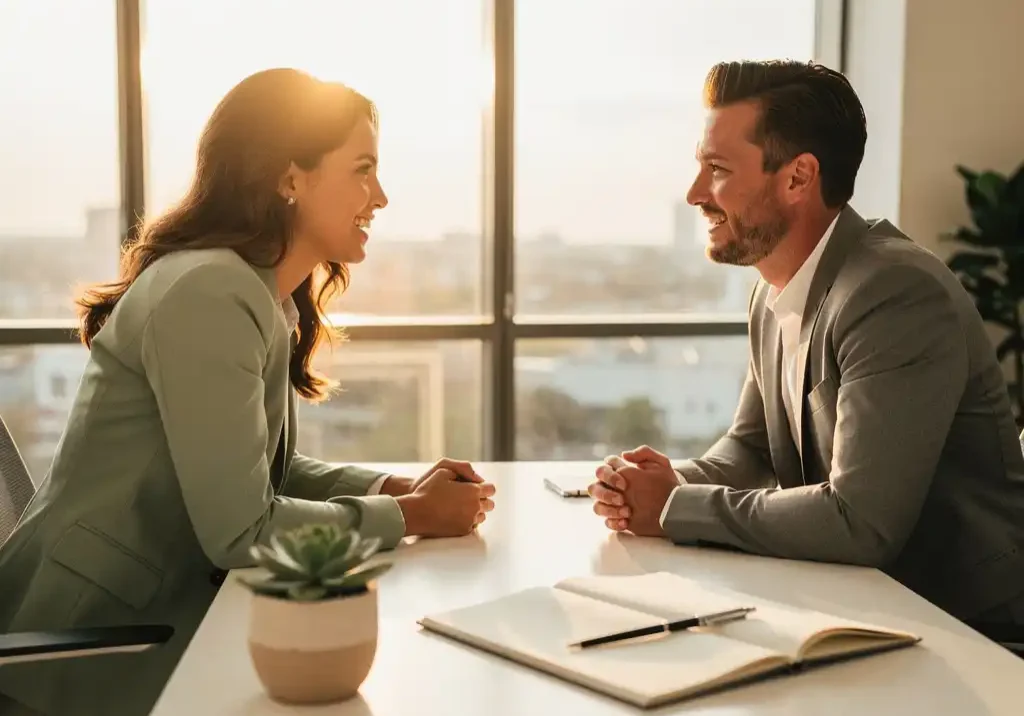 Professional in gesprek met een loopbaancoach aan een modern bureau, met een notitieboek en succulent op de voorgrond.