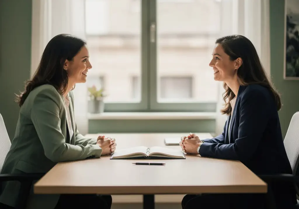 Vrouw in gesprek met loopbaancoach aan modern bureau, open map en pen op tafel, warm natuurlijk licht.