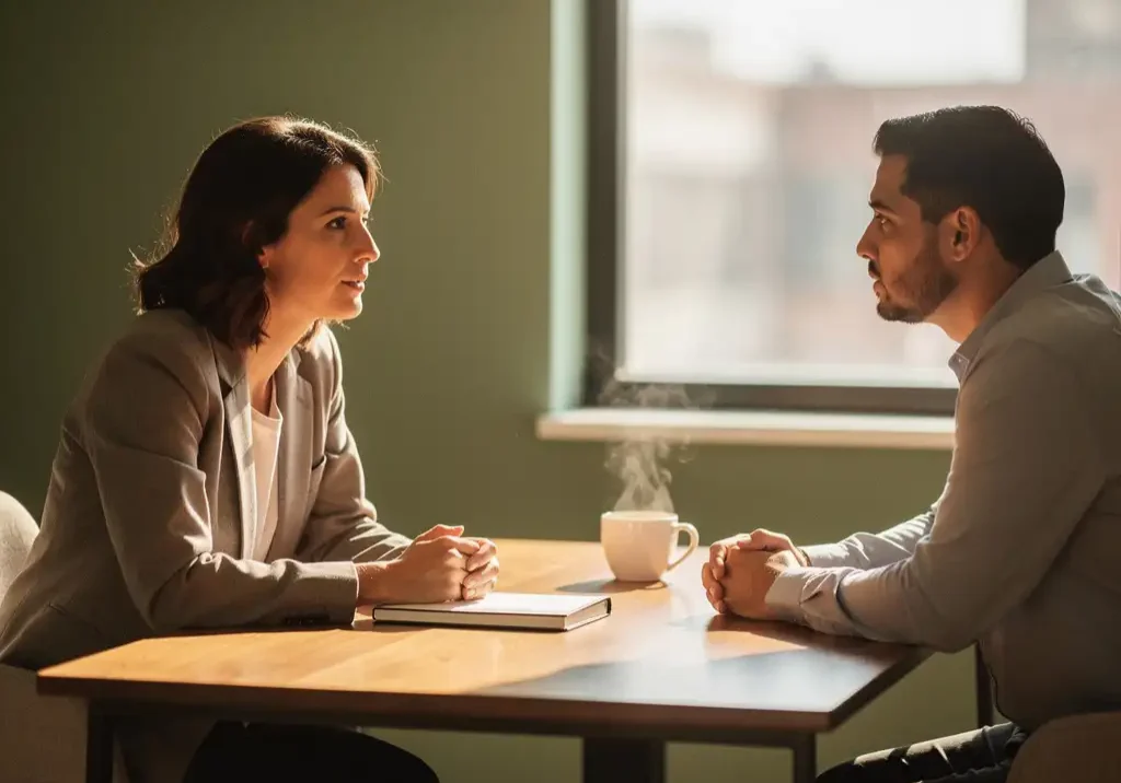 Loopbaancoach en medewerker in gesprek aan houten tafel met notitieboek en koffie, rustige en ondersteunende sfeer.