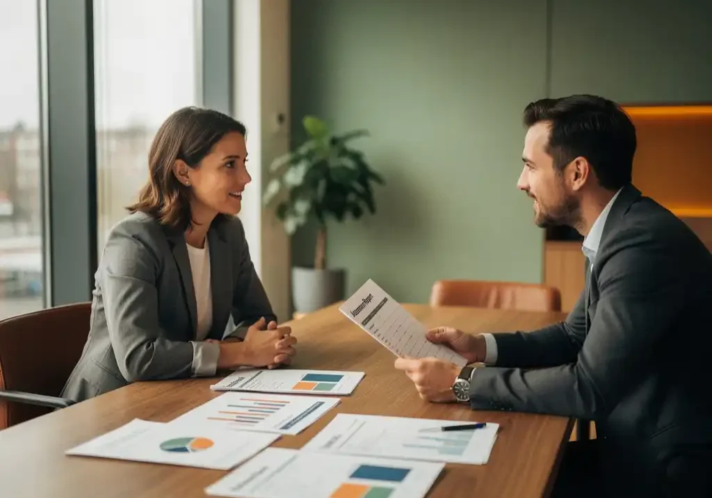 Loopbaancoach en kandidaat aan houten bureau tijdens assessmentgesprek, persoonlijkheidsprofielen zichtbaar, natuurlijk daglicht in modern kantoor.