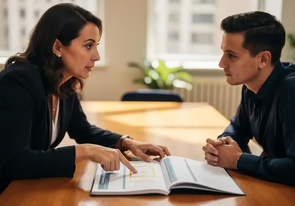 Loopbaancoach en medewerker aan houten tafel met beoordelingsrapport, coach wijst naar gemarkeerde sectie in natuurlijk verlicht kantoor.