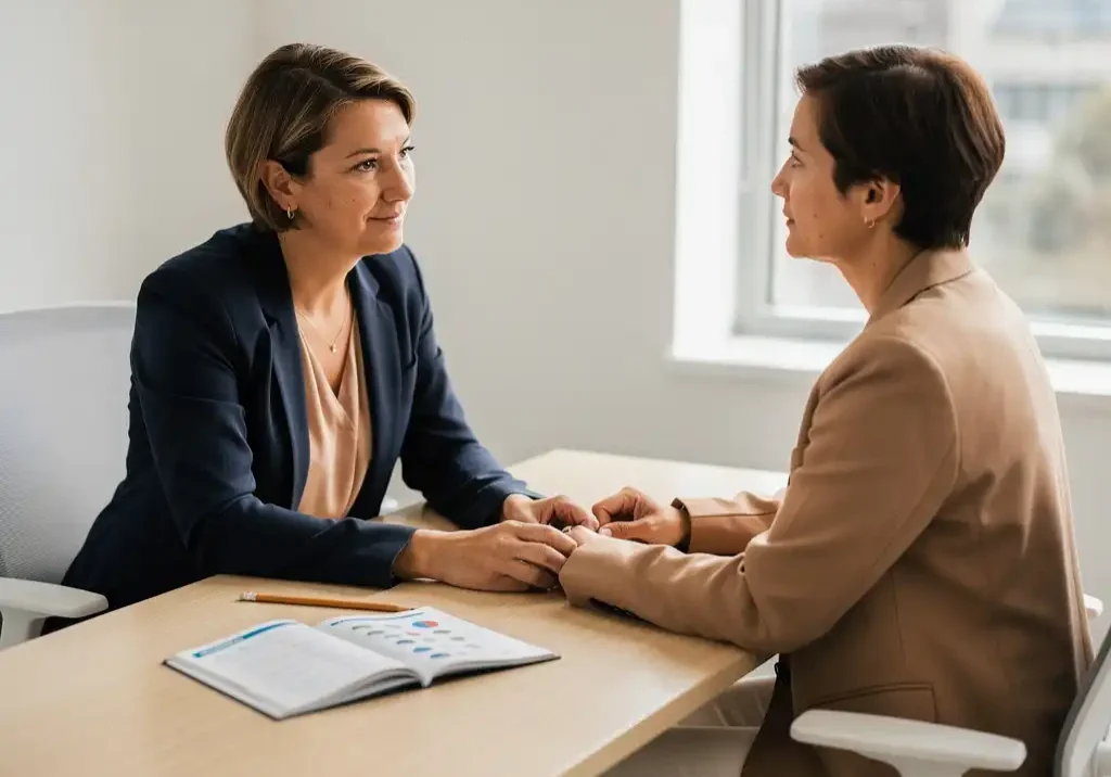 Loopbaancoach en professional in gesprek aan modern bureau met persoonlijkheidstest en potlood op de voorgrond.