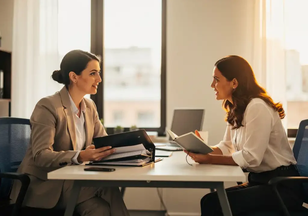 Gecertificeerde loopbaancoach en re-integratiespecialist aan modern bureau met dossiemap en persoonlijk dagboek, warm kantoor met natuurlijk licht.