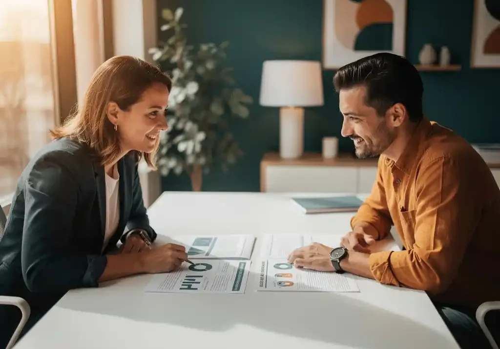 Loopbaancoach en medewerker bespreken talentassessment resultaten aan modern bureau in lichte kantooromgeving.