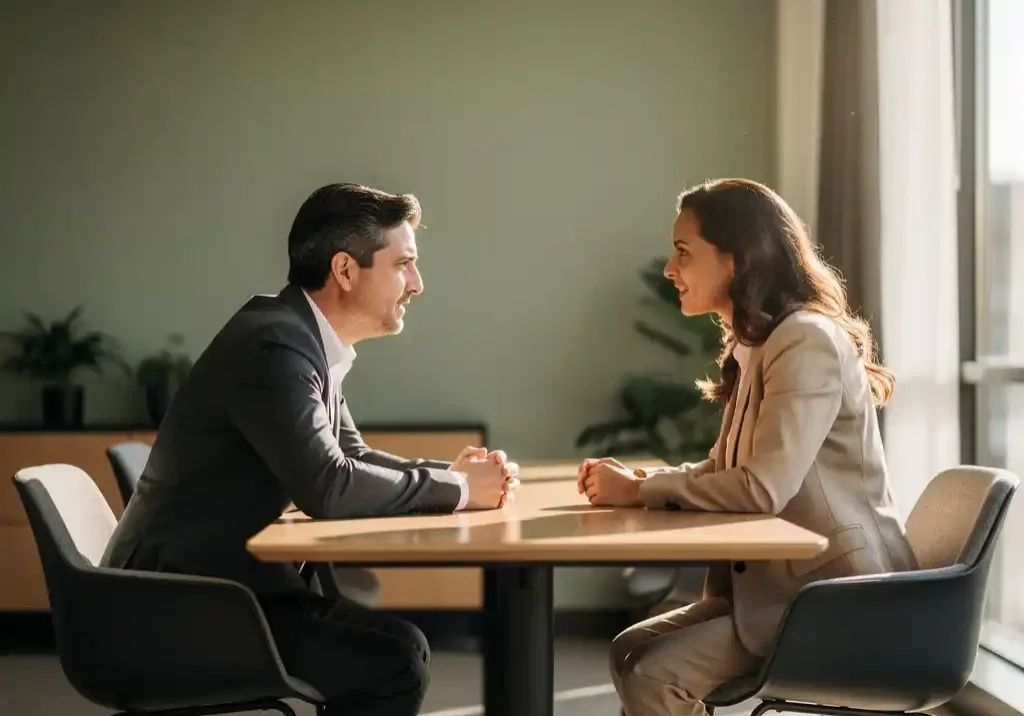 Manager en HR-consultant in open gesprek aan modern kantoortafel, warm natuurlijk licht, professionele sfeer.