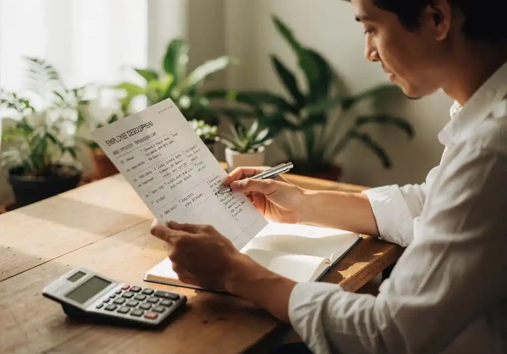 Ondernemer bestudeert een medewerker-ontwikkelingsplan aan houten bureau met notitieboek vol groeimijlpalen en rekenmachine.