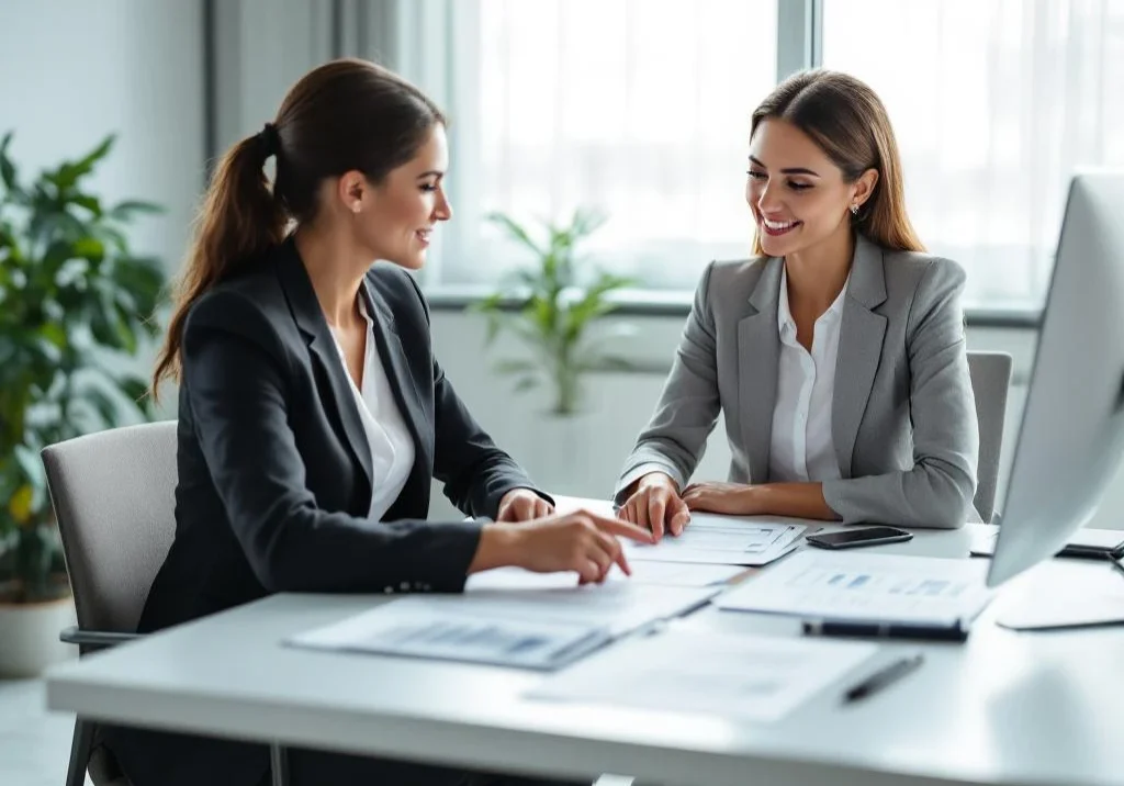Professionele vrouw in overleg met medisch consultant over documenten op modern bureau in helder kantoor