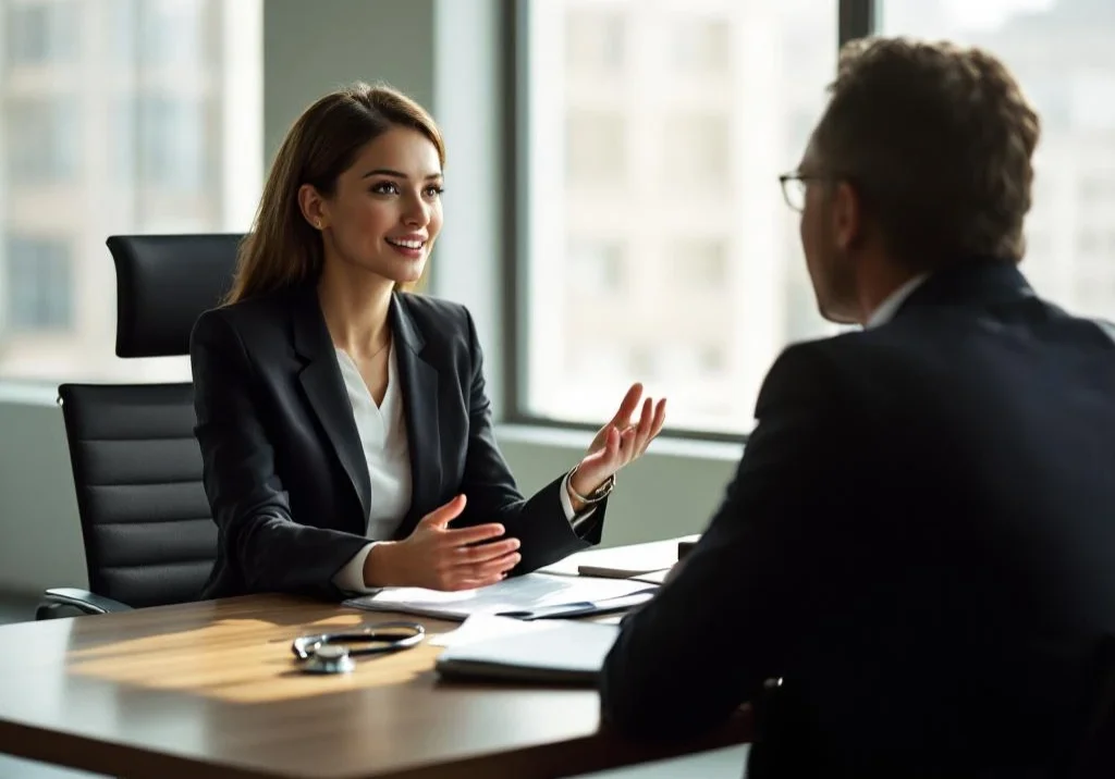Professionele vrouw in gesprek met medisch onderzoeker aan bureau met documenten en stethoscoop in helder kantoor