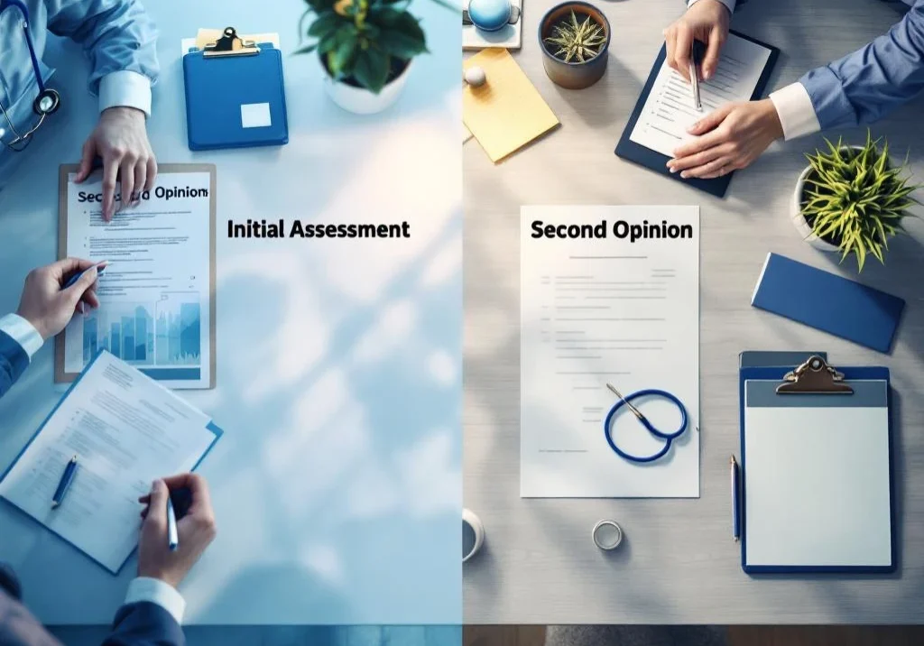 Gesplitst scherm met twee medische consultatieruimtes: eerste beoordeling links, second opinion rechts