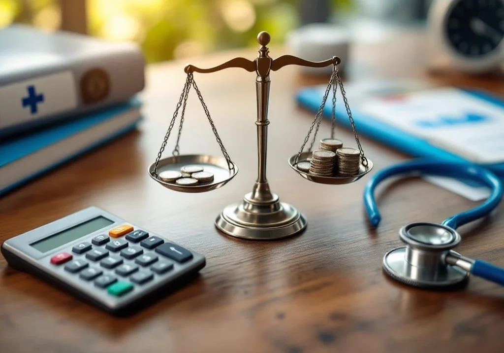 Weegschaal met munten en stethoscoop op bureau met calculator, documenten en medische mappen voor second opinion kosten