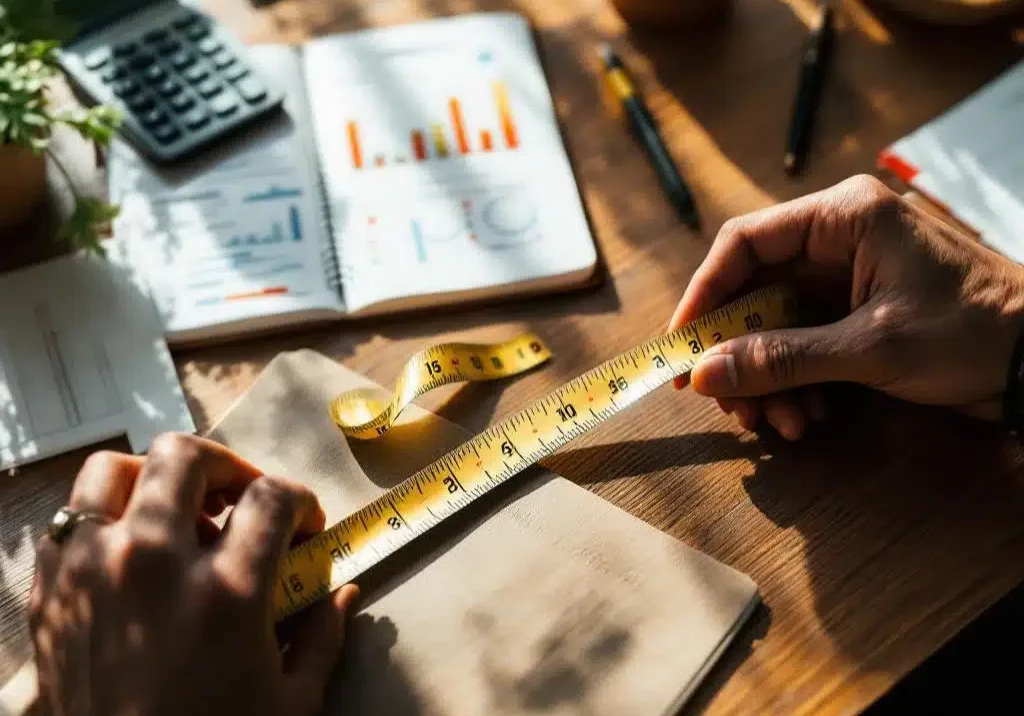 Meetlint op houten bureau met open notitieboek vol voortgangsgrafieken, calculator en pen voor evaluatie
