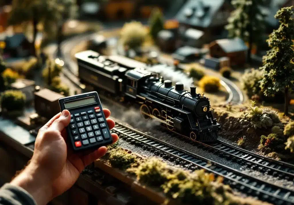 HO-schaal modeltreintje op sporen door miniatuurlandschap met huisjes en bomen, hand met rekenmachine ernaast