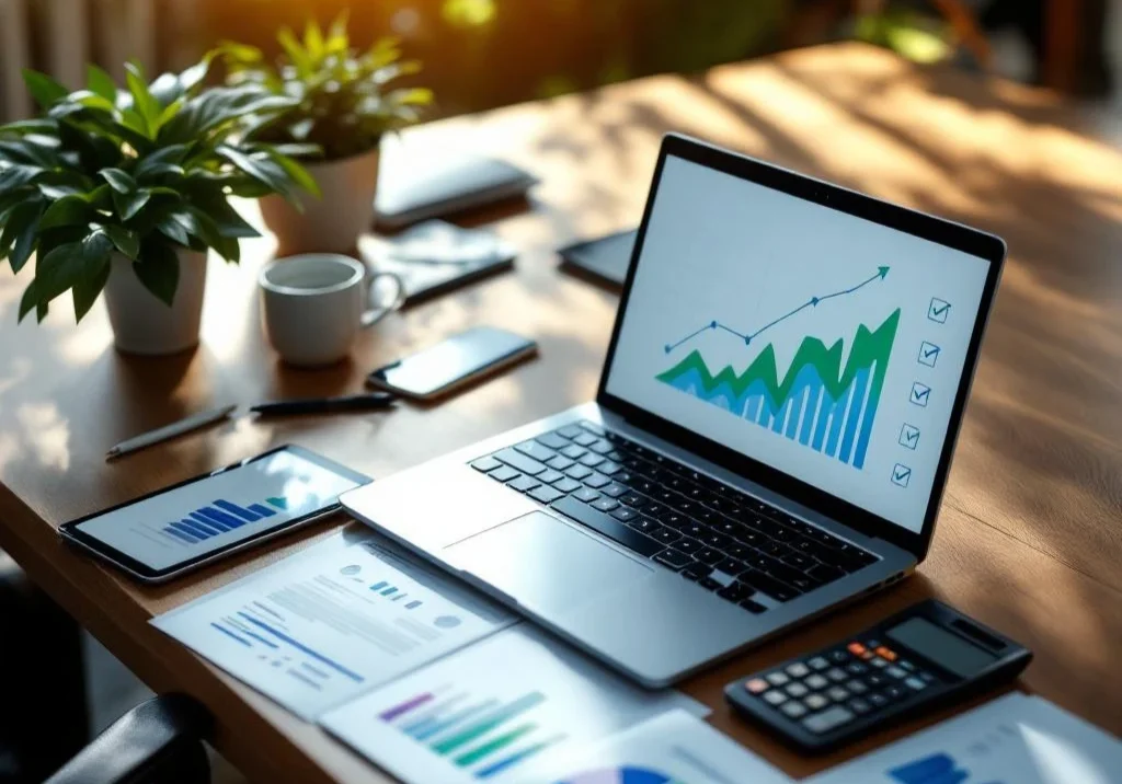 Moderne bureauopstelling met laptop met groene en blauwe analytics grafieken, documenten en rekenmachine op houten tafel