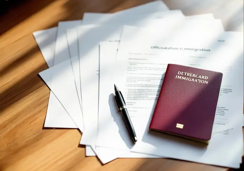 Nederlandse immigratiedocumenten en paspoort op houten bureau met pen, bovenaanzicht in natuurlijk licht