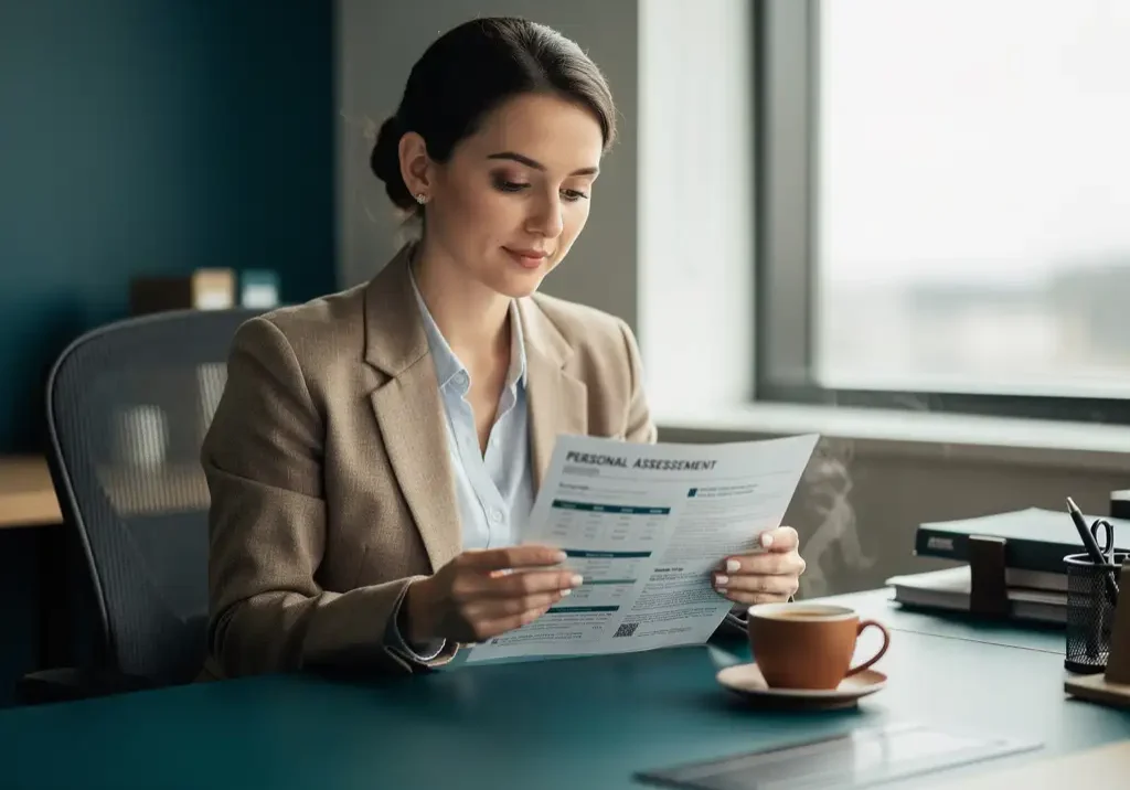 Vrouw leest persoonlijk assessmentrapport aan modern bureau met koffie, zacht natuurlijk licht, rustige en contemplatieve sfeer.