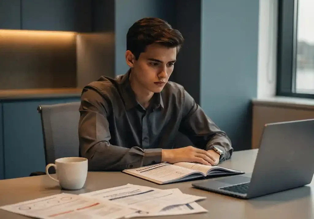 Jonge professional staart naar onaangeroerd persoonlijk ontwikkelingsplan op kantoor, koud kopje koffie en beoordelingsformulieren verspreid op bureau.