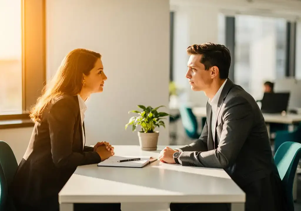 Professional ontvangt persoonlijk coachingsgesprek aan modern bureau met notitieboek en groene plant, warme gouden-uursverlichting.