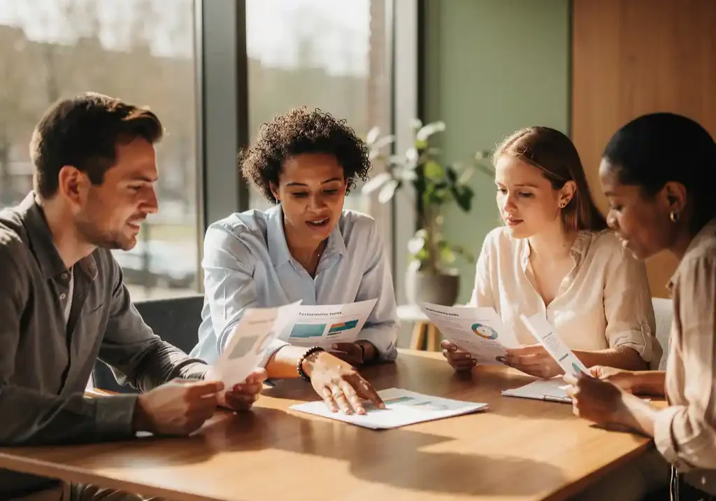 Vier professionals rond een houten vergadertafel met persoonlijkheidsprofielrapporten, één persoon wijst naar een gedeeld document, modern Nederlands kantoor.