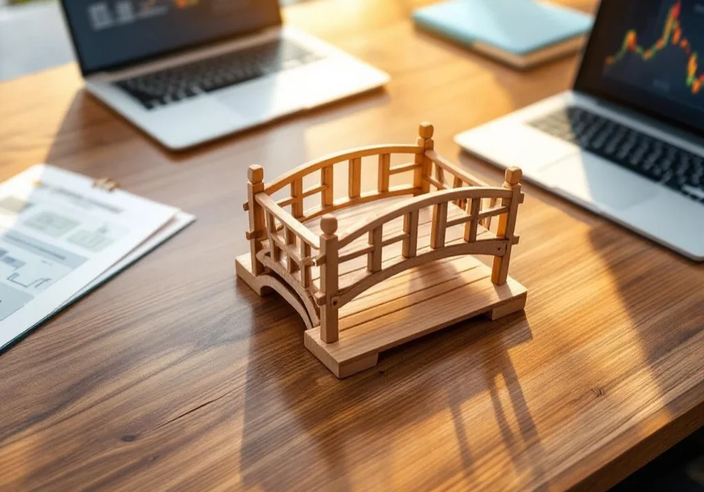 Houten brugmodel op modern bureau met laptop en documenten, symboliseert preventieve reïntegratie en verbinding