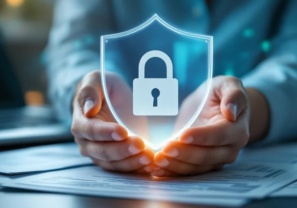 Handen houden glazen schild met privacyslot boven documenten en laptop, symboliseert gegevensbescherming op kantoor