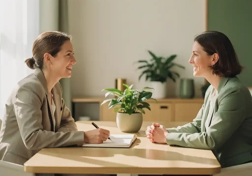 Professional en coach in gesprek aan modern bureau met open notitieboek en groene plant, warm natuurlijk licht.