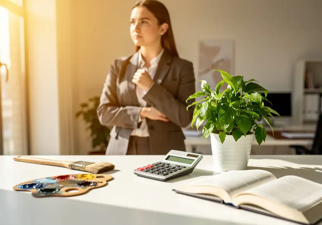 Jonge professional aan een wit bureau met penseel, rekenmachine, plant en opengeslagen boek in warm goudkleurig licht.