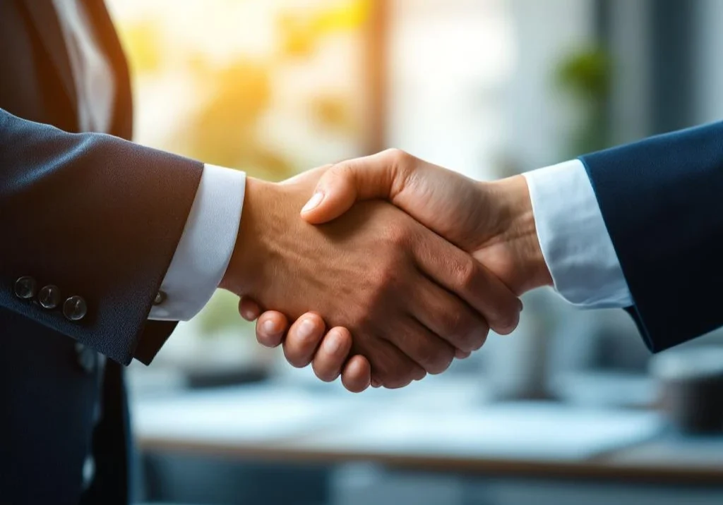Twee professionele handen die elkaar ondersteunend de hand schudden in een modern kantoor, symboliserend partnerschap en vertrouwen.