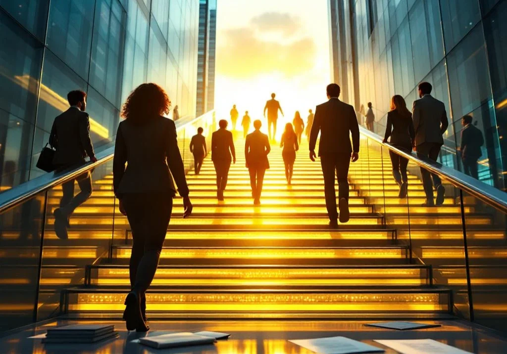 Diverse professionals lopen een moderne glazen trap op naar een lichte pathway, met trainingsmaterialen en laptops op de voorgrond